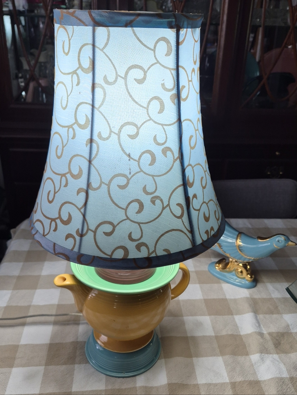 Fiestaware Upcycled Teapot,Cup, Saucer& Bowl Lamp in Yellow Green,Pink And Blue